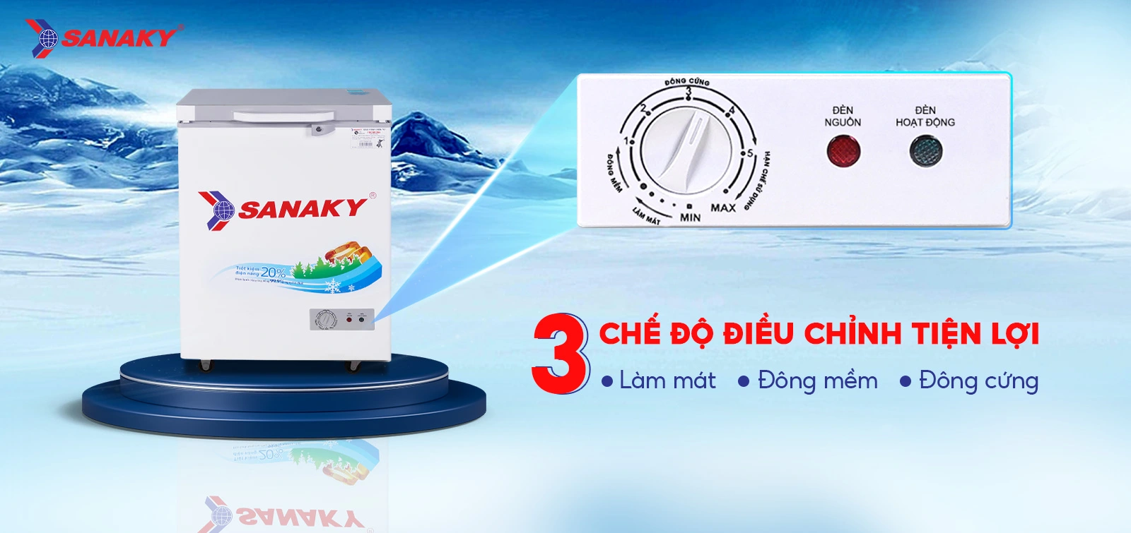 Bảng điều chỉnh 3 chế độ Mát - Đồng mềm - Đông cứng tiện lợi