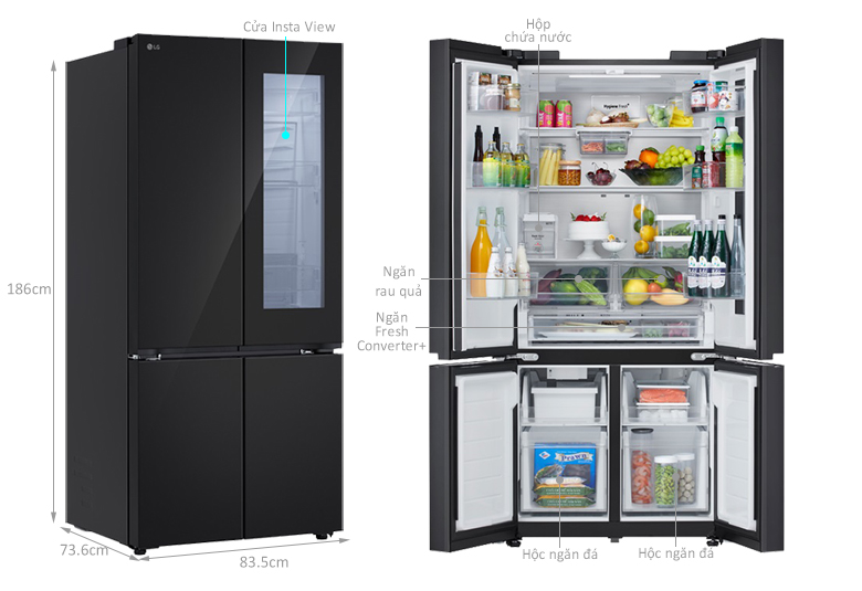 kich thước Tủ lạnh French door InstaView LG Inverter 617 lít LFB61BLGAI